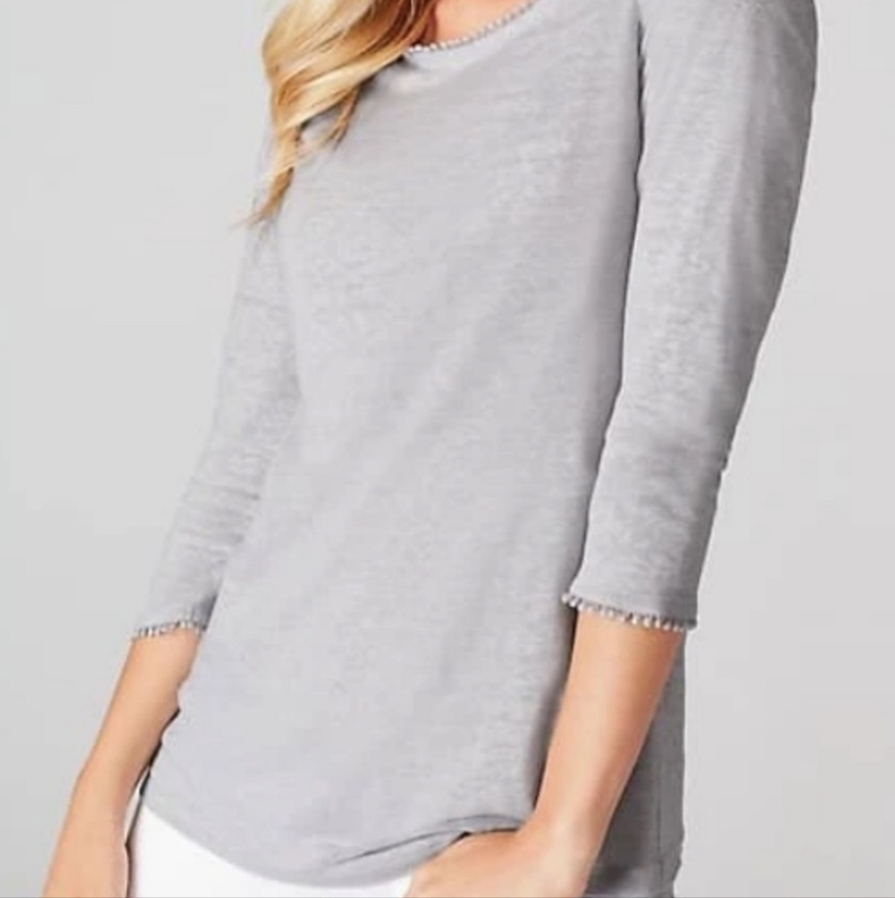 J. Jill love linen pom pom trim 3/4 tee